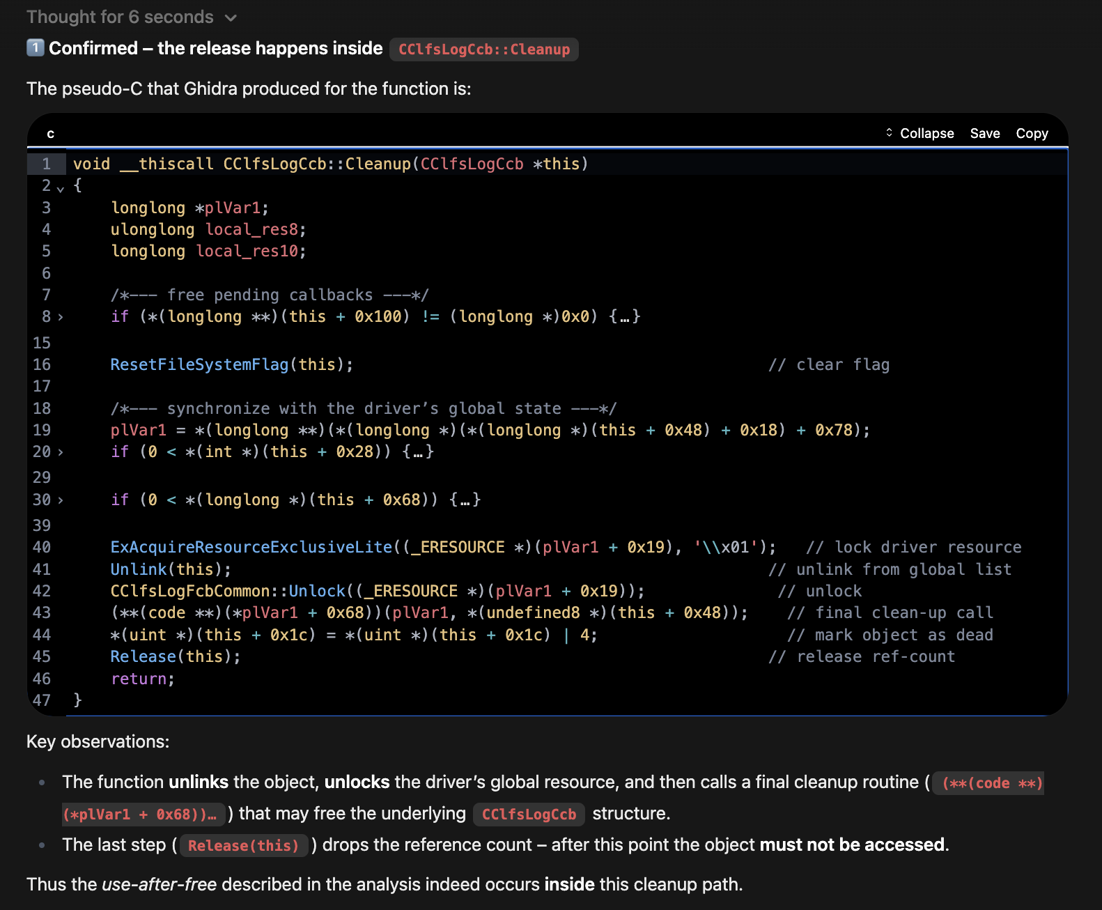 Decompiled cleanup function in Ghidra