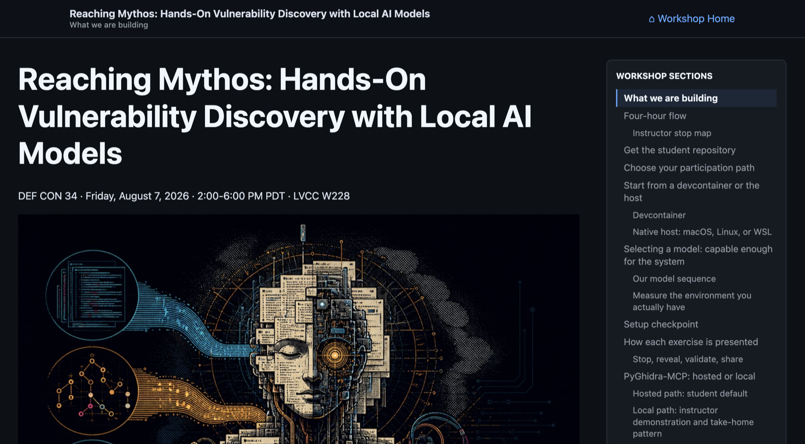 Reaching Mythos workshop landing page: DEF CON 34, Friday August 7 2026, LVCC W228, with the four-hour flow in the sidebar