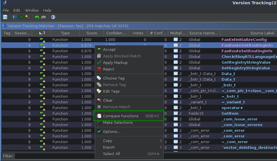 Ghidra function comparison