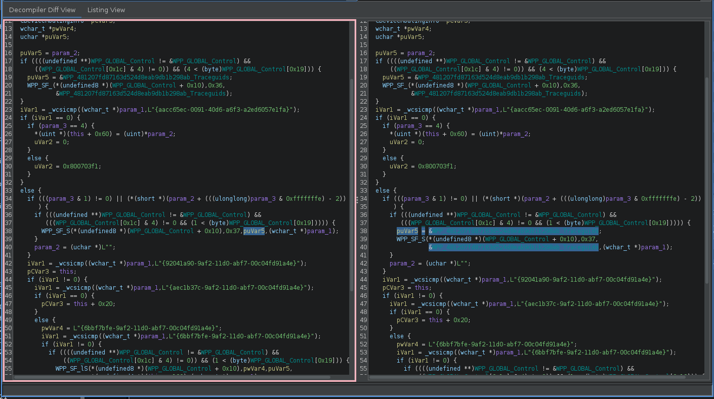 Ghidra side-by-side comparison