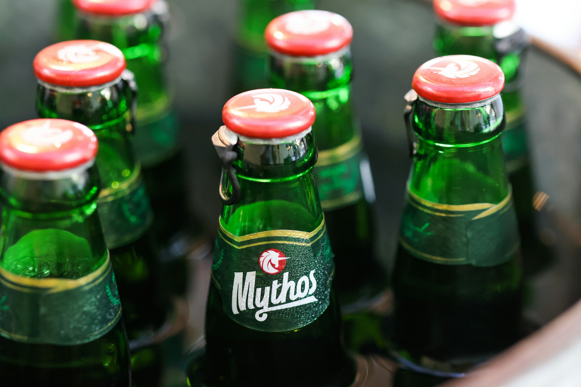 A bottle of Mythos beer