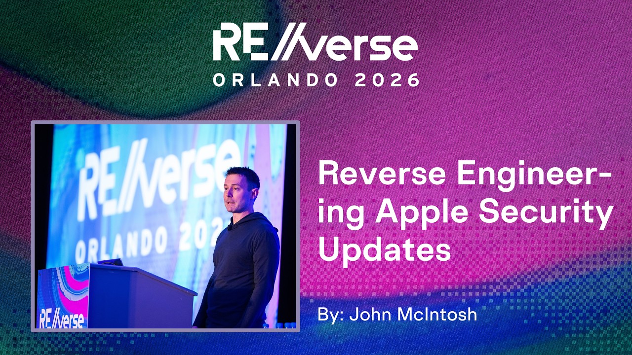 John McIntosh presenting Reverse Engineering Apple Security Updates on stage at RE//verse Orlando 2026